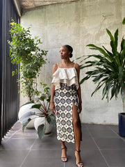 High-Rise Shape Deep Split Midi Skirt in Black and White, House of Akachi